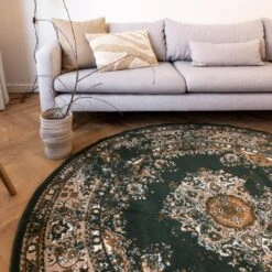 Interieur05 Rond Vintage Vloerkleed Keshan Groen - Rond 160 Ø -Tapijt Wereld 1000023367 0103