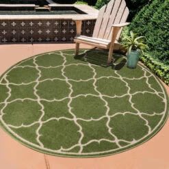 Berlin Binnen En Buitenvloerkleed Laagpolig Outdoor Groen - 150 CM ROND -Tapijt Wereld 1000081145 0102