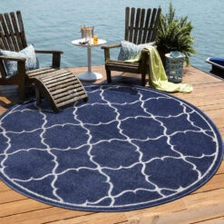 Berlin Binnen En Buitenvloerkleed Laagpolig Outdoor Blauw - 150 CM ROND -Tapijt Wereld 1000081171 0102