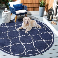 Berlin Binnen En Buitenvloerkleed Laagpolig Outdoor Blauw - 150 CM ROND -Tapijt Wereld 1000081171 0103