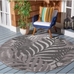 Floral Binnen En Buitenvloerkleed Laagpolig Outdoor Grijs - 200 CM ROND -Tapijt Wereld 1000090715 0102