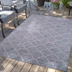 Palm Tuin Binnen En Buiten Vloerkleed Tapijt Laagpolig Blauw Roze - 150x150 CM -Tapijt Wereld 1000092072 0101